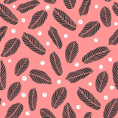 Seamless pattern with leaves and berries. Graphic print with foliage, floral texture on a pink background. Drawing for fabric, greeting card, web site.