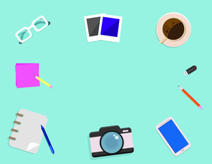Set of flat vector design illustration of modern business office and workspace. Top view of desk background with coffee, digital devices and camera 