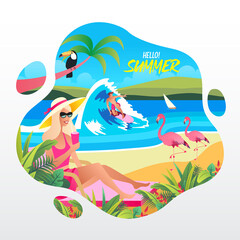 Obraz na płótnie Canvas Hello Summer greeting card with girl, surfer, flamingo, palm tree on beach background vector illustration 