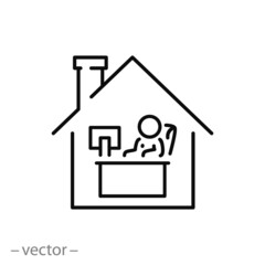 office home icon, man works on the computer, freelance in quarantine time, thin line symbol on a white background - editable stroke vector illustration eps10
