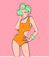 Cute summer illustration with pretty girl with green hair wear yellow swimsuit with pattern and green a bracelet on pink background
