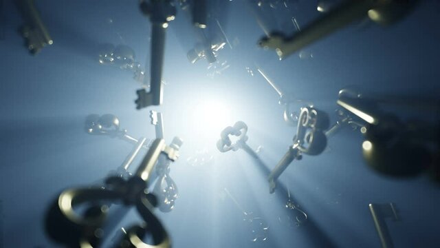 Retro vintage gold keys flying in dark. Volumetriclight, shine. Secret. Realistic 4K animation.