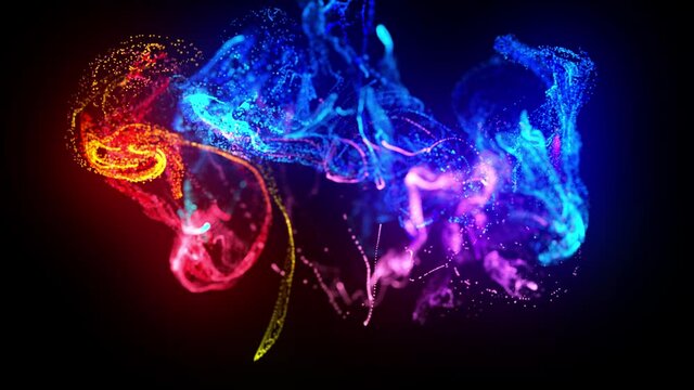 injection of fluorescent ink in water in 4k. 3d render of glow particles in ink flow. Interaction of two colliding flows. Luma matte as alpha channel. Shiny ink effect advection.