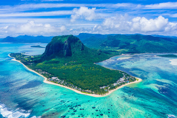 Aerial view of Mauritius island panorama and famous Le Morne Brabant mountain, beautiful blue...