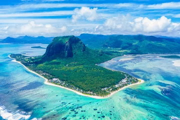 Fotobehang Le Morne, Mauritius Aerial view of Mauritius island panorama and famous Le Morne Brabant mountain, beautiful blue lagoon and underwater waterfall