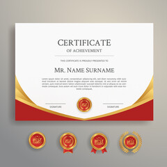 Premium diploma certificate of achievement template with gold and red badges