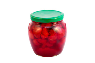 Transparent jar with strawberry jam and green lid on a white background. In isolation