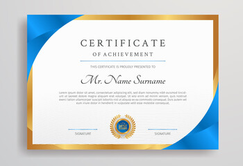 Blue and gold diploma certificate with badge and border A4 template for award, business, and education needs