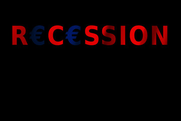 red and blue color gradient recession text with euro currency symbol on black background