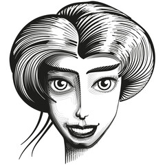 Fictional female face with big eyes. Black-white drawing.