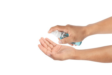 Washing your hand by alcohol sanitizer gel for protecting infection from a Covid-19 virus, Kill germs, Prevent infection, Hands isolated on white background with clipping path