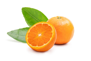 Orange with green leaf isolated on white background.