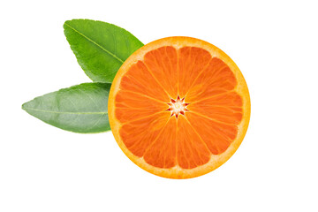 Orange with green leaf isolated on white background.