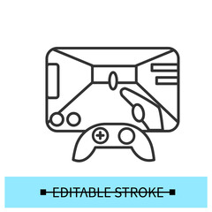 Video games icon. Gaming on computer or video entertainment activity concept. Outline joystick and console sign isolated. Vector editable illustration