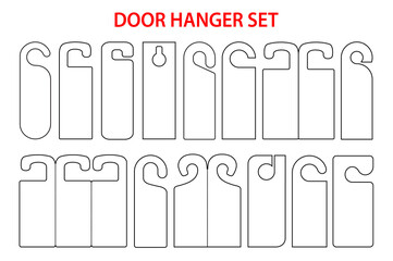 Hanger set die cut template. Blank sign shablon for door. Vector black isolated circuit hotel hanger mockup. Hotel door hang tag signs. Black line hanger on white background. Leaflet, flyer for door.