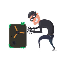 Robber and safe with money. Dollars stick out of the safe. The criminal is planning a robbery. Flat style Isolated. Vector.