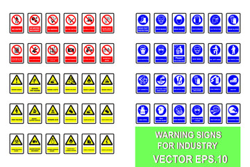 54 types of industrial safety Signs to be used., all in one collection pack., suitable for warning label paste on the wall in industrial plants., Vector EPS.10