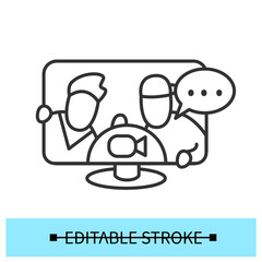Video chat icon. Video call and digital communication with friends concept. Web meeting connection. Remote call thin line sign. Video conference window outline. Vector editable illustration