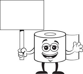 Black and white illustration of a smiling roll of toilet tissue holding a sign.