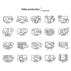 Video icons set. Collection if pictogram signs for video call, web conference, digital marketing, film production and vlogging. Mobile media players linear elements set. Vector editable illustration