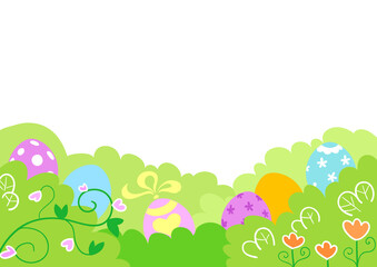 Easter cartoon decoration with bush, flowers and eggs illustration