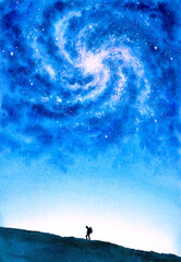 Naklejka na ściany i meble Watercolor Painting - Climbing under Starry Night With Galaxy