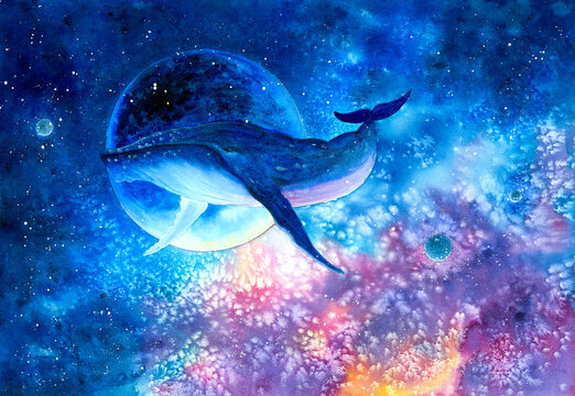 Watercolor Painting - Whale diving into deep space