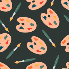 paint brush and palette pattern on green background, seamless background with brushes