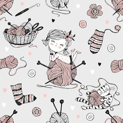 Seamless pattern on the theme of knitting with a cute girl on a large ball of yarn and a cute cat. Vector