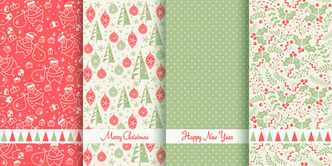 Set of Christmas seamless patterns for greeting cards, wrapping paper. Hand drawn winter backgrounds. Vector illustration	
