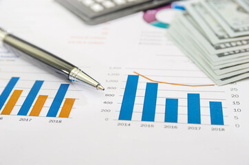 business graph with a calculator, pen and dollars. Income analysis concept. Business reports and...