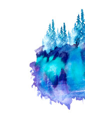 Watercolor art illustration. Drawing of the blue forest, pine tree, spruce, cedar. Dark, dense forest, suburban landscape. Postcard, logo, card, banner. Misty forest, haze. wood on a snowy slope. clif