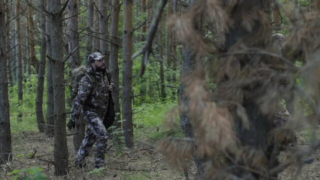 Two hunter men in camouflage clothes with guns walking through forest during hunting season. Man hunter outdoor in forest hunting. Male Tourists. Slow motion