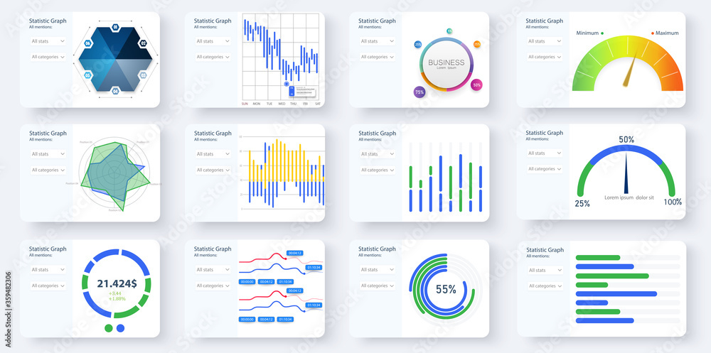 Poster Great set Infographics charts, graph. Social marketing and networking visualization templates bundle. Colorful info graphics diagram, stock and flow charts. Modern vector