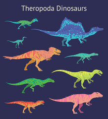 Set of theropoda dinosaurs. Colorful vector illustration of dinosaurs isolated on blue background. Side view. Theropods. Proportional dimensions. Element for your desing, blog, journal.