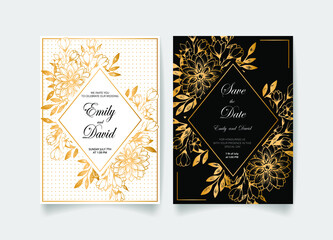 Wedding invitation card, save the date with golden frame, flowers, leaves and branches.