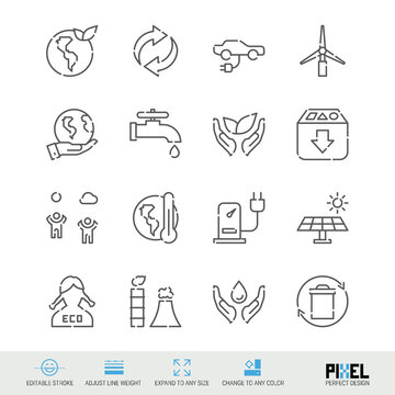 Vector line icon set. Ecology related linear icons. Eco symbols, pictograms, signs. Pixel perfect design. Editable stroke. Adjust line weight. Expand to any size. Change to any color.