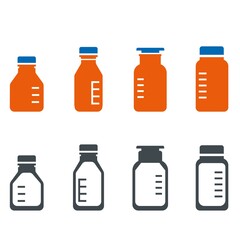 Set of various reagent glass bottles for chemicals and other media. Laboratory glassware icons in orange color body and blue stopper caps.