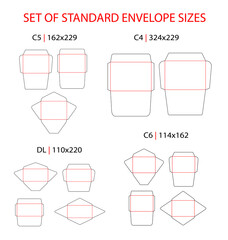 Envelope set standard types vector die cut template: DL, C6, C5, C4. Different shapes: commercial flap, side seam, baronial envelope. Vector black isolated circuit envelope, A6, A5, A4, DL dimensions.