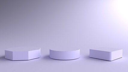 3D Render of Abstract violet Composition with Podium. Minimal Studio with Square,Round and Octagonal Pedestal. Pedestal can be used for advertising, Isolated on violet background,Product Presentation.