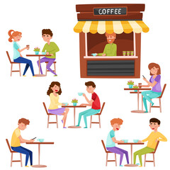 People Characters Sitting at Street Cafe Tables Talking and Drinking Coffee Vector Illustrations Set