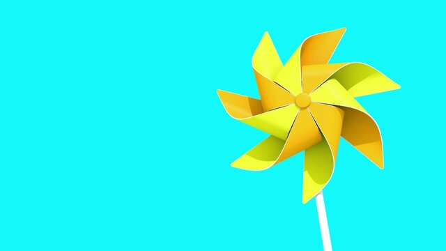 3D animation - Yellow and orange pinwheel spinning in loop and isolated on blue background