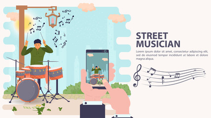 Naklejka premium Banner street musician Shooting on a mobile phone of a musician playing a drum kit drummer flat vector illustration cartoon