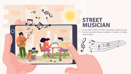 Banner street musician Shooting on a mobile phone of musicians and people sitting at a table with a Cup of tea flat vector illustration cartoon © svarog19801