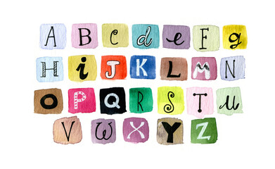 Tessere colorate con alfabeto, isolate su sfondo bianco
