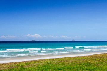 Scenery of a tropical exotic beach for a beautiful backdrop or screensaver. concept of travel, summer vacation. Copy place