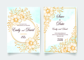 Obraz premium Wedding invitation card, save the date with watercolor background, golden flowers, leaves and branches. 