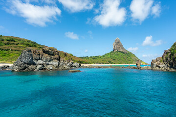 Beautiful view of Conceicao Beach and Morro do Pico from the sea at Fernando de Noronha, a Unesco...