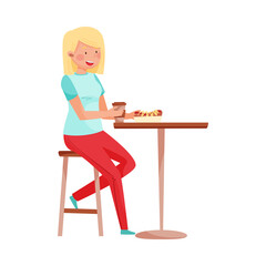 Young Woman Sitting at Street Cafe Table Eating Hot Dog and Drinking Coffee Vector Illustration