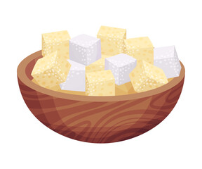 White Sugar Cubes Rested in Wooden Bowl as Sweetener for Tea and Coffee Vector Illustration